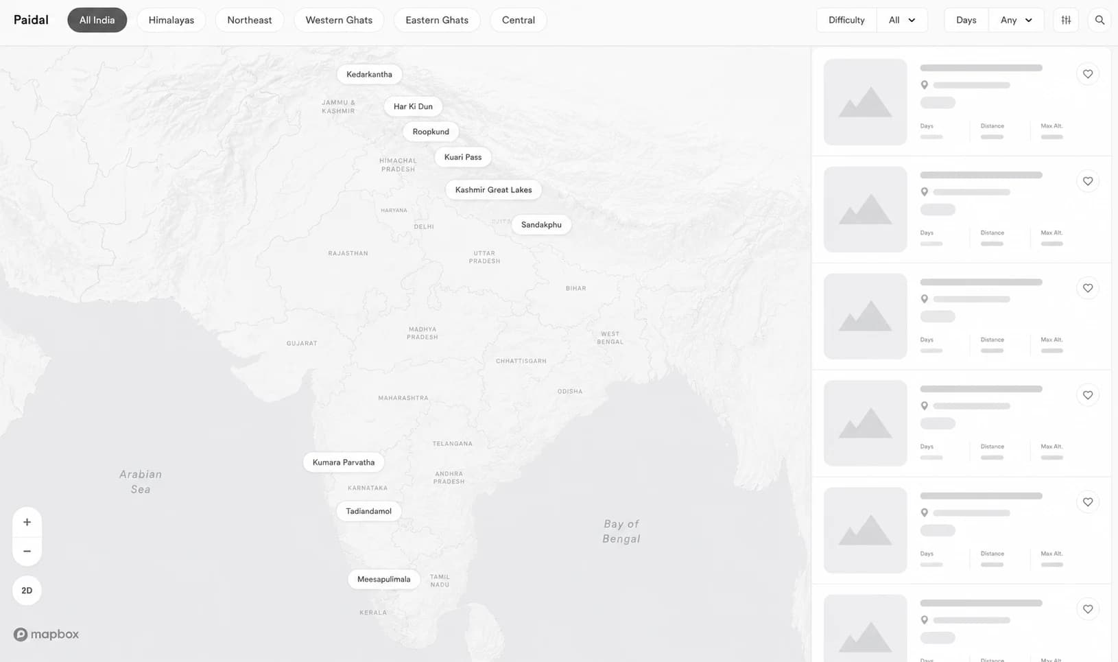 Paidal's map-based discovery interface: an India map with treks pinned by location, alongside a scrollable list of matching treks on the right